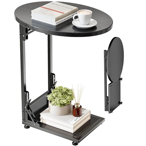 Image of Mutool C Shaped Side Table, Foldable Round Sofa Table with Metal Frame, Small Coffee Table for Living Room Bedroom Office, Black