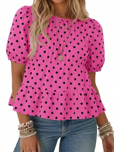 Image of Tankaneo Womens Puff Sleeve Peplum Babydoll Tops Summer Flowy Pleated Cotton T-Shirts Casual Loose Fit Cute Blouse