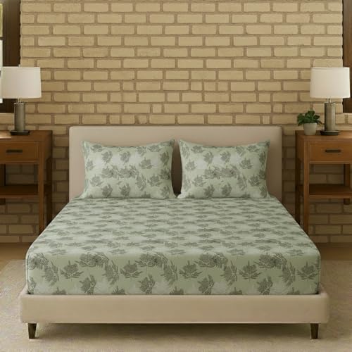 Image of Trance Home Linen Pure 100% Cotton 144Tc Printed Queen Fitted Bedsheet with 2 Pillow Covers (78 X 60 Inch, Ferns Paradise Green), 144 tc