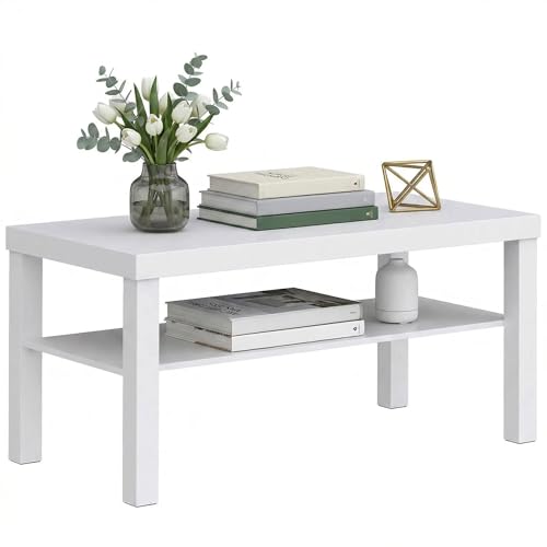 HOMCOM Mesa de Centro, Mesa de Café para Salón con Estante Abierto, Tablero Grueso, para Sala de Estar, Comedor, Oficina, 90x45x44,5 cm, Blanco