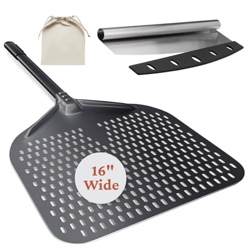 Pala de pizza de 16 pulgadas con mango largo, 16 pulgadas de ancho x 18 pulgadas de largo, pala de pizza perforada de aluminio de 16 pulgadas con cortador de pizza de 14 pulgadas, hoja basculante