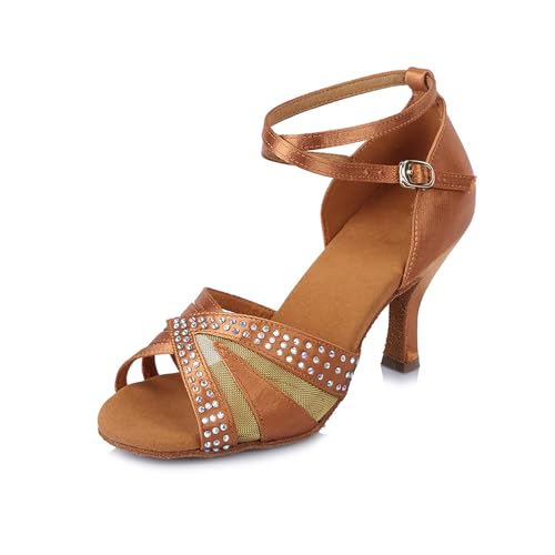 YKXLM Women Rhinestone Ballroom Dance Shoes Latin Performance Dance Shoes High Heel Practice Dancing Shoes