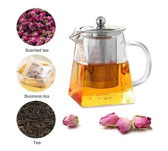 Image of Borosilicate Glass stovetop Kettle with Stainless Steel Infuser teapot to Infuse Tea Coffee Black Tea harbal kadha Tea Pot for Making Green Tea (Square Teapot 550ML)
