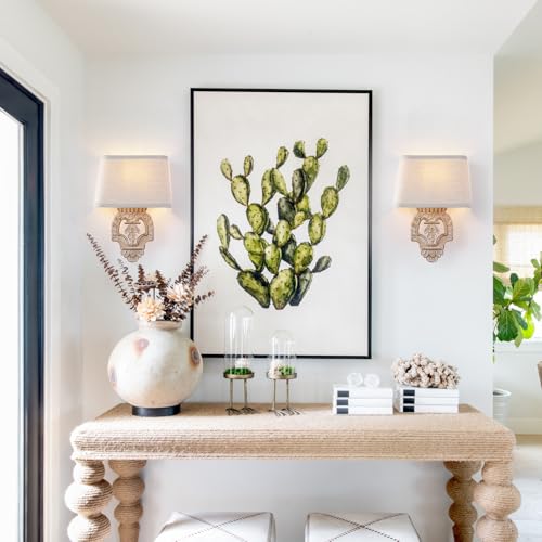 Image of Rustic Wall Sconce with Linen Shade Mini Vintage Antique Wood Wall Light Fixture Retro Farmhouse Mid Centry Wooden Wall Sconce for Bedroom, Hallway, Fireplace, Living Room, 2-Pack, E12