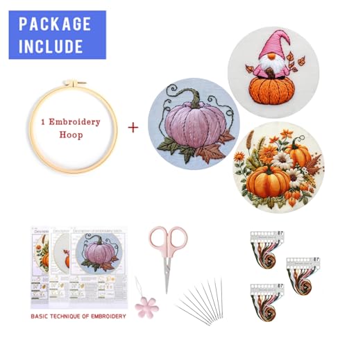 Image of LB Pink Fall Embroidery Kit for Beginners Adults, 3 Sets Hand Embroidery Starter Kit with Gnome Pattern and Instructions Stamped Cross Stitch Kits Include Embroidery Hoop Needles Threads Scissors