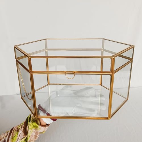 HighFree Vintage Large Glass Display Box, Card and Gift Holder Golden Brass Glass Cards Box for Weddings, Birthdays, Parties, and Bridal Showers, Small Crown