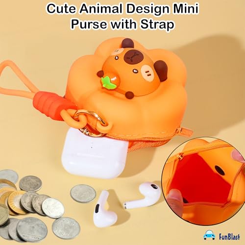 Image of FunBlast Soft Silicone Coin Pouch - Cute Animal Design Mini Purse with Strap, Multipurpose Silicone Pouch, Small Zipper Wallet for Kids & Girls, Kawaii Coin Bag - 9 X 9 X 6.5 cm (Orange)
