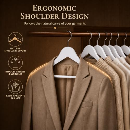 Image of Ash & Roh - Wooden Suit Hangers - Smooth Finish Solid Wood Coat Hanger with Non Slip Pants Bar, 360 Swivel Hook and Precisely Cut Notches Camisole, Jacket, Clothes Hangers (White Hanger, 45)