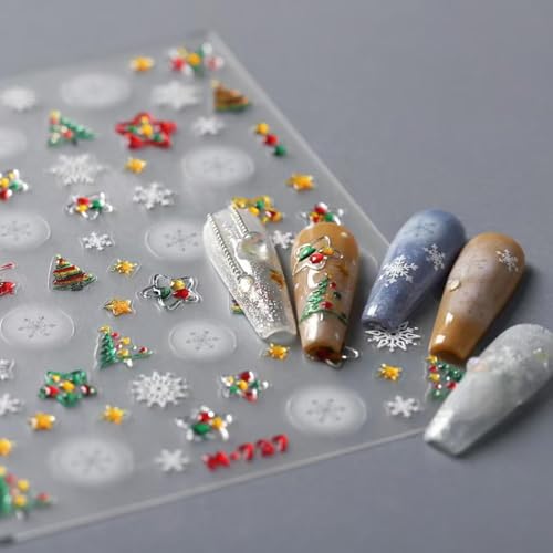 Image of Christmas Nail Art Stickers Snowflake Nail Decals 5D Embossed Self Adhesive Xmas Tree Star Nail Sticker for Nails Art Design Manicure Supplies Charm for Women Nails Decorations Accessories