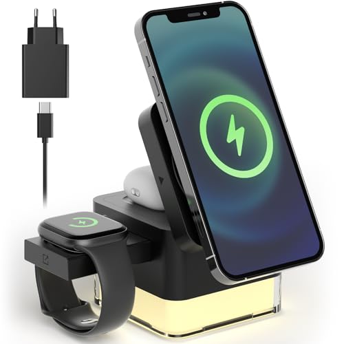 VOSFEEL Caricatore Wireless 4 in 1, Qi Ricarica Rapida, Caricatore Compatibile Con Lampada da Comodino, per iPhone Serie 12/13/14/15/16, Airpods 2/3/Pro, iWatch