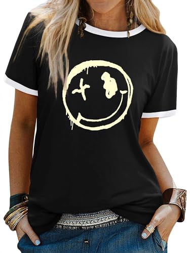 WIEIYM Women's T-Shirts Crew Neck Short Sleeve Ladies T Shirts Casual Summer Tops Smile Face Printed Tee Shirts Blouse S-XXL Black
