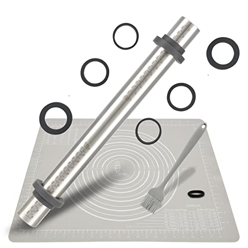 SUPER KITCHEN Mattarello in Acciaio Inox Con 5 Dischi Regolabili Anello, Stuoia di Rolling della Pasticceria del Silicone Antiaderente Tappetino da Forno Spianatoia per Impastare (50x40cm, Grigio)