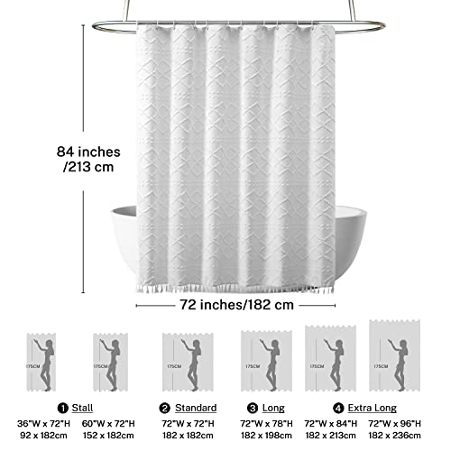 Extra Long White Textured Woven Fabric Boho Shower Curtain With Tassels 72 X 84 Modern Farmhouse Minimalist, Tufted Chevron Striped Shabby Chic, Water Resistant Cloth Curtain For Bathroom, Hotel Decor #TOP3