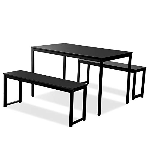 Rhomtree 3 Pieces Dining Set Table with 2 Benches Kitchen Dining Room Furniture Modern Style Wood Table Top with Metal Frame (Balck + Black)