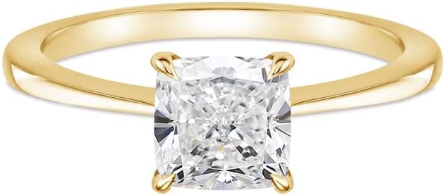 Solitaire Moissanite Ring, 1.25 Ct. Cushion Cut Certified Moissanite Engagement Ring For Women, 14K Gold Plated Silver Moissanite Ring