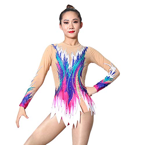 Kmgjc Maillots de Gimnasia rítmica Mujer niña Leotardos de Gimnasia artística de Baile de competición de Manga Larga con Aspecto de Diamante con Joyas Hechas a Mano,Rosado,14