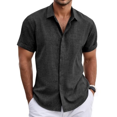 Neteson Camisa de Lino Hombre de Botones Camisa de Manga Corta Informales Casual Top Camisas Verano Suelta Playa Color Sólido T Shirt