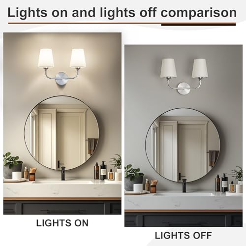 Image of Bathroom Vanity Light Brushed Nickel Bathroom Lighting Fixtures Over Mirror | 2-Light Bathroom Light Fixtures with Flared White Fabric Shade, E26 Socket (ETL Listed)
