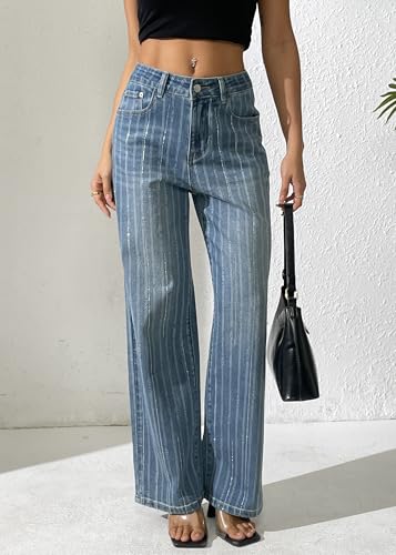 heipeiwa Women's Stripes Rhinestone Jeans High Waist Wide Leg Denim Pants Sparkle Shiny Sequin Trouser4