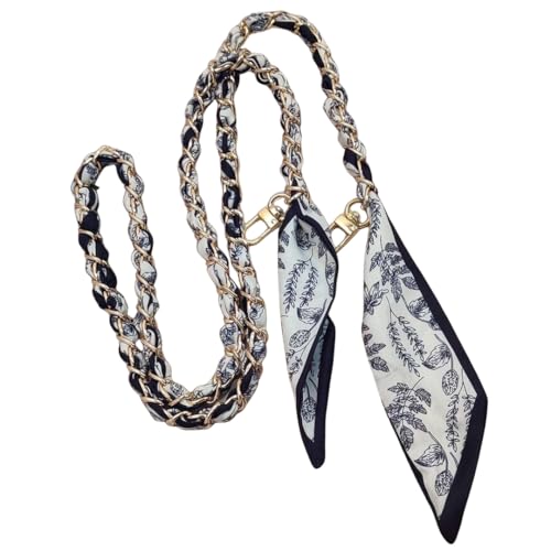 Alça de Bolsa 120 cm Tecido e Metal – Elegante com Lenço Floral Preto, Corrente Dourada para Crossbody, Bolsa transversal e Bolsas de Mão