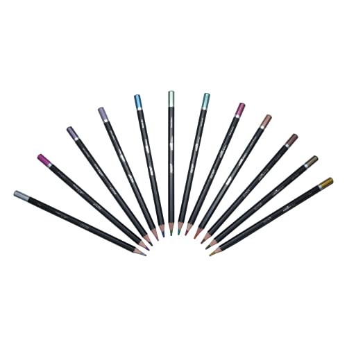 Image of BRUSTRO Artist Metallic Colour Pencil Set of 12 Shades, 3.3mm lead | Wax-based, Ergonommic, Break Resistant, Easy Blending, Non-toxic Colors, Ideal for Fine Art and Craft.