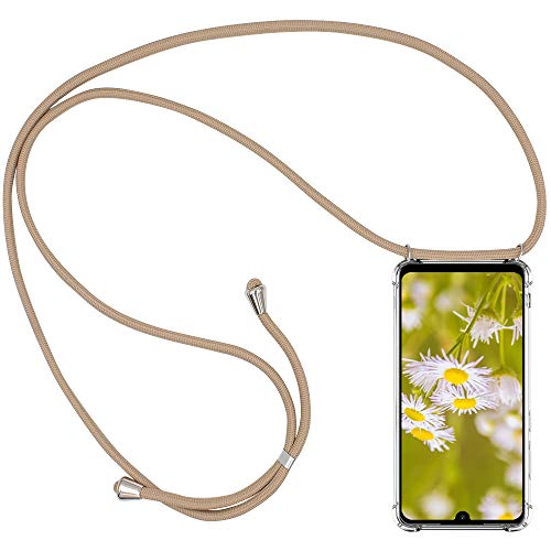 CLM-Tech Carcasa con Cuerda para Colgar Compatible con Xiaomi Redmi Note 7 - Funda Silicona Transparente con Cordon para Llevar en el Cuello, Beige
