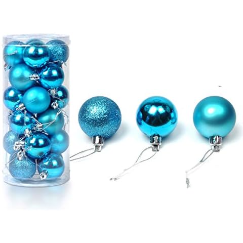 24 Pcs Christmas Baubles Tree Plain Glitter XMAS Ornament Ball Decoration 4cm Turquoise Cover