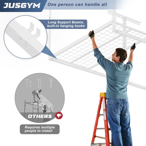 Image of Jusgym 3X8FT Overhead Garage Storage Rack, 26 inch-40 inch Height Adjustable Garage Ceiling Storage Racks, Heavy Duty Metal Overhead Storage Organizer System, 750LBS Weight Capacity, White