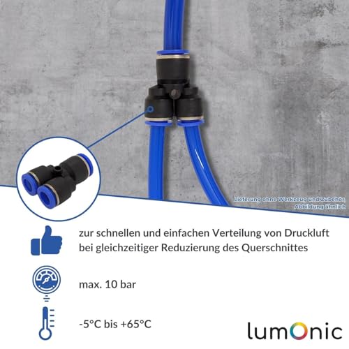 Conector neumático Lumonic de 10mm a 2x8mm con unión push-in para sistemas de aire 5