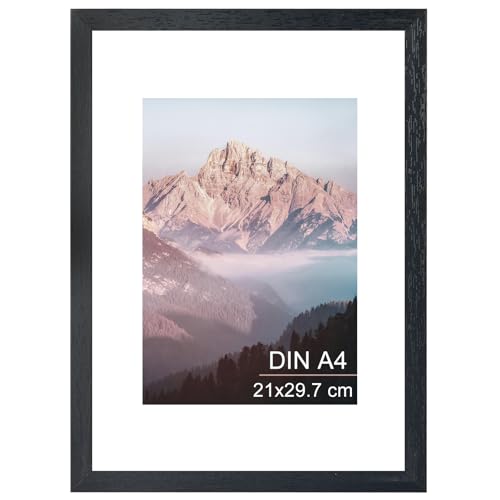 OMISHE Massivholz Bilderrahmen A4 21x29,7 cm, Schwarzer Bilderrahmen Din A4 mit A5 Passepartout und Plastikh&uuml;lle, H&ouml;lzerner A4 Bilderrahmen f&uuml;r die Wand, Rahmen Din A4, Schwarz, 1 Pack