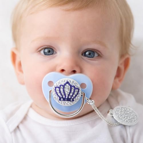 Image of Bling Baby Pacifier Rhinestone Crown Ultra Soft Silicone Infant Dummy Pacifier M Size (Blue M)