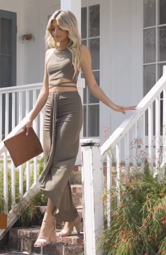 HUUSA Women\'s Summer Club Slit Maxi Skirt Set Fashion Nova Dresses Sleeveless Crewneck High Waist 2 Piece Long Dress Set With Slit Olive S