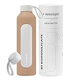 Wessper Botella de Agua Cristal, Botella 1 Litro Motivadora con Escala de Hidratación, Botellas de Vidrio Borosilicato con Funda de Silicona, Material Seguro sin BPA - Beige