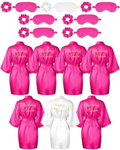 Image of Neer 21 Pcs Women Birthday Party Robe Set Queen Squad Kimono Satin Bathrobes with Eye Mask and Scrunchie for Birthday