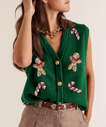 Image of Women Christmas Sweater Vests Santa Claus Print Sleeveless Knit Cardigan Vest Christmas Holiday Tank Top
