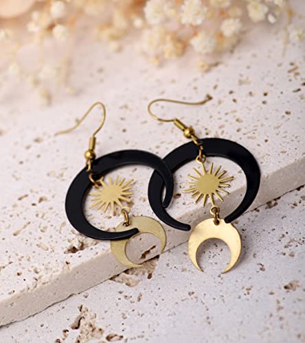 Sacina Gothic Boho Sun And Moon Earrings, Crescent Moon Star Pendant, Celestial Earrings, Goth Jewelry Gift For Women (Black Moon Sun) #TOP5