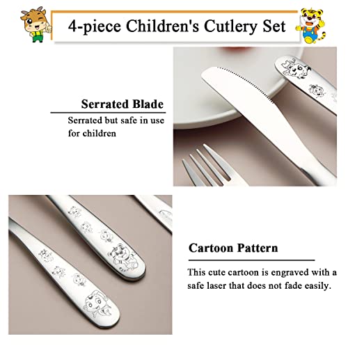 Foto von Berglander Kinderbesteck 4-teiliges Edelstahl Kindergeschirr Set, Kindersichergabel und Löffel Flachgeschirr, Hochglanzpolierte glatte runde Kante, Spülmaschinensicherheit