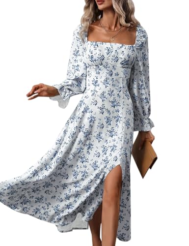 Image of Relipop Women's Floral Puff Long Sleeve Maxi Dress Casual Square Neck Flowy Boho Split A Line Dresses