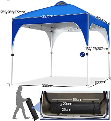 Yaheetech Pop Up Gazebo, 3x3m Garden Instant Shelter Waterproof Garden Patio Canopy with 4 Ropes, 8 Stakes, & 1 Wheeled Bag, Metal Frame, Adjustable Height, Top Air Vent, Blue