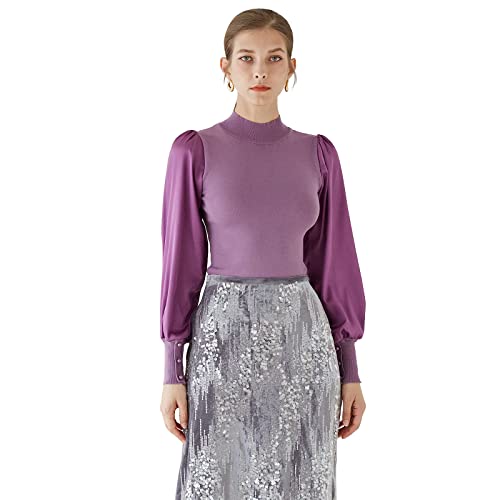 Image of CHICWISH Women's Mock Neck Satin Spliced Bubble Sleeves Knit Top