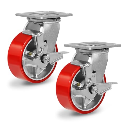 5" Heavy Duty Casters, Polyurethane Industrial Caster Wheels, Top Plate Swivel Casters with Brake(2 Pack Brake)