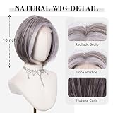 Testar Szara peruka bob dla kobiet, 25 cm, krótka, środkowa część z blond pasemkami, naturalna koronkowa linia włosów, odporna na wysokie temperatury, syntetyczna, srebrna, dla dziewcząt, cosplay