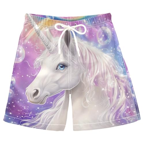 White Horse Rainbow Unicorn Bubbles Boys Swim Trunks Kids Toddler Beach Board Shorts Teen Quick Dry Bathing Suit Swimsuit