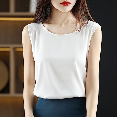 Chaleco de seda para mujer elegante top de satén blanco premium con cuello redondo