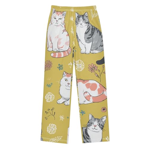 Cat Spring Flower Boys Long Pants Soft Trousers Elastic Waist Kids Lounge Bottoms with Pockets S-XL