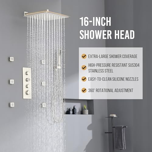 16” Thermostatic Rain Shower System with 6 Body Jets & 16-Inch Rainfall Shower Head, JetsBath Full Body Shower Faucet Sets with Valve & Handheld, Brushed Nickel Luxury Wall Mount Shower Faucet Set - Thumbnail 2