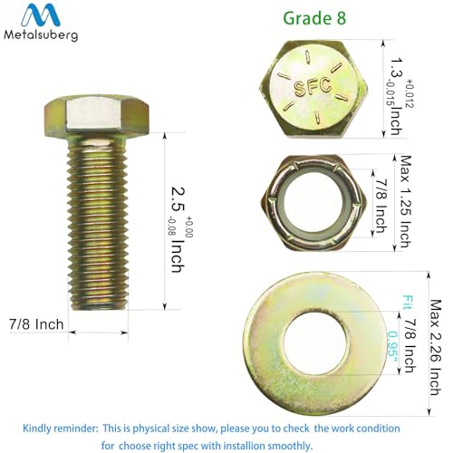 Image of 7 /8 inch x 2-1 /2 inch Hex Head Bolt by Color Galvanization with Nylon Lock nut and Large Size Washer Assortment Kit,Alloy Steel,Grade 8.(4pcs Pack),by Metalsuberg