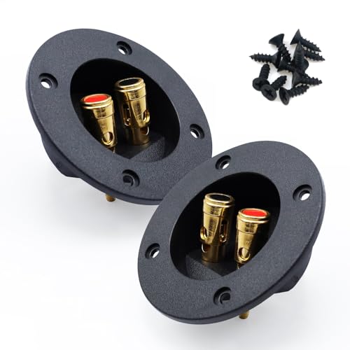 Pastlla 2Pcs 3\" x 3\" Speaker Box Terminal Cup DIY Double Binding Round Gold Plate Push 2 Way Spring Loaded Jacks Speaker Box Terminal Cup Connector with Mounting Screws (Round, 2Pcs)