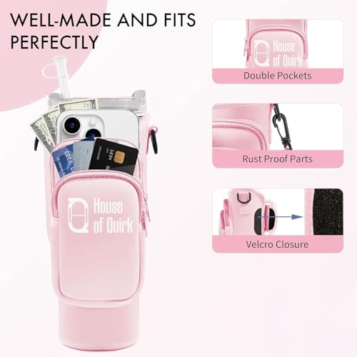 Image of House of Quirk Water Bottle Carrier Bag with Phone Pocket for Stanley 40 /30 oz Tumbler Neoprene Water Bottle Holder Pouch with Adjustable Strap (Purple)