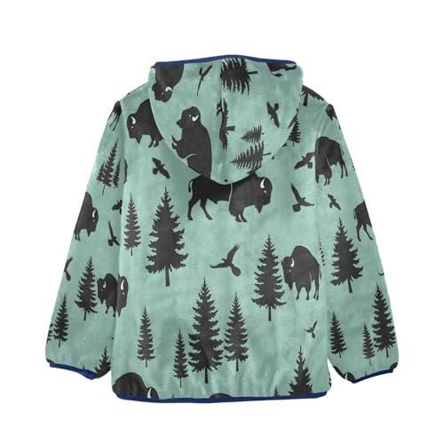 Buffalo Trees Birds Pattern Toddler Fleece Jacket Girl Boys Hooded Fleece Jacket Coat Warm Outwear Zip-up 3-10T2
